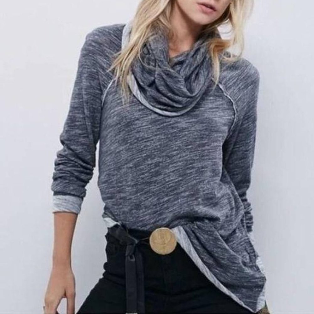 Free People Beach One Body Un Corps Cowl Neck Gray Heathered Two Tone Sweater
